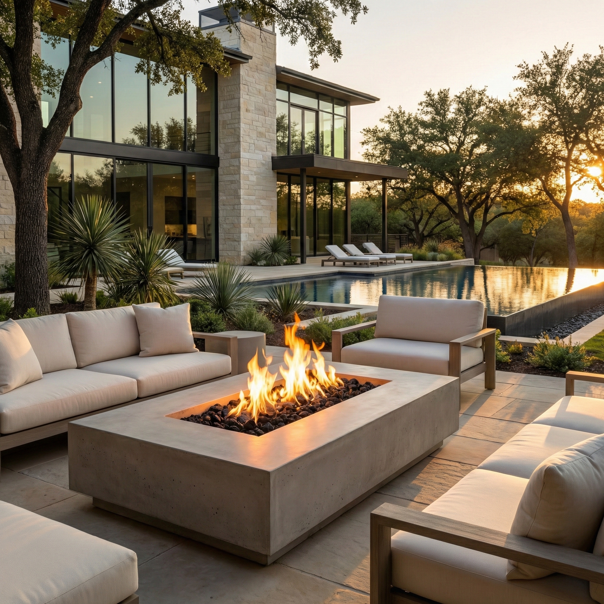 Prism Hardscapes Tavola 8 concrete gas fire pit lifestyle